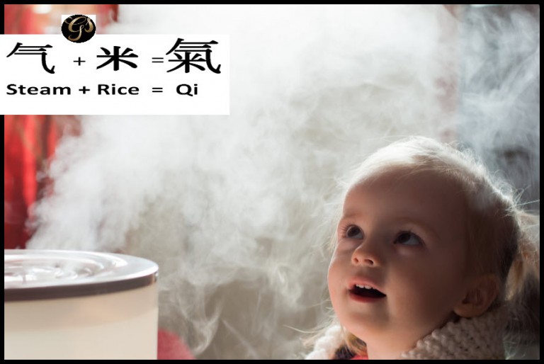 steam plus rice equals Qi Chinese writing. Little girl in steam