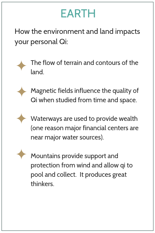 Earth. How the environment and land impacts your personal Qi. The flow of terrain and contours of the land. Waterways are used to provide wealth. Mountains provide support.