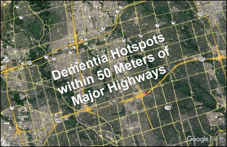 dementia hot spots within 50 meters of major highways. Map of Toronto and the 401